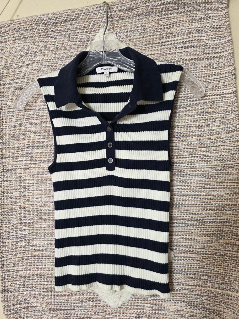 Madewell Womenโs Medium Navy Cream Striped Ribbed Knit Polo Sweater Top